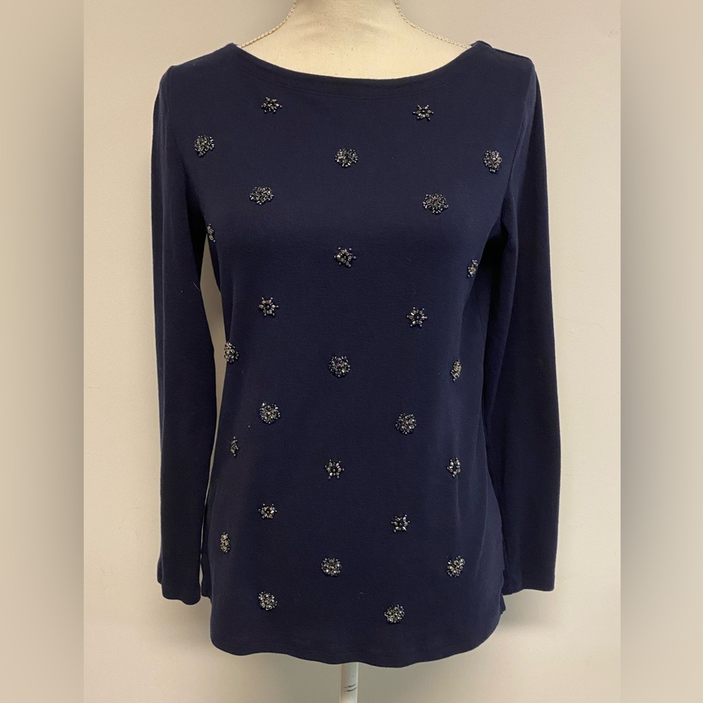 Talbots Navy Blue Beaded Embellished Long Sleeve Tee Size Medium
